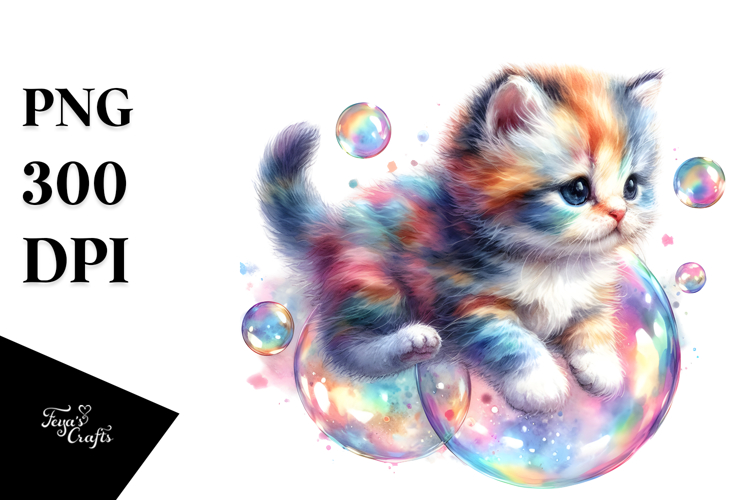 Colorful Baby Cat Watercolor Whimsical