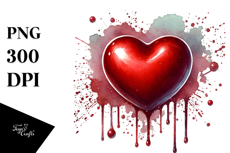 Red Glossy Heart on Splashy Background PNG