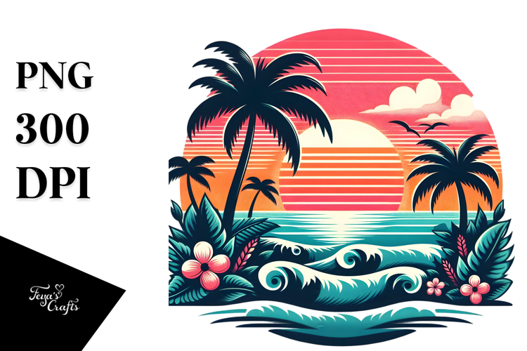 Retro Tropical Island Sunset, PNG