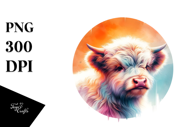 Watercolor Highland Cow Sun PNG