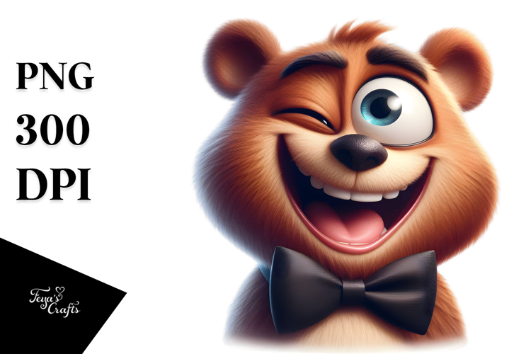 Goofy Cartoon Bear with Bow Tie PNG