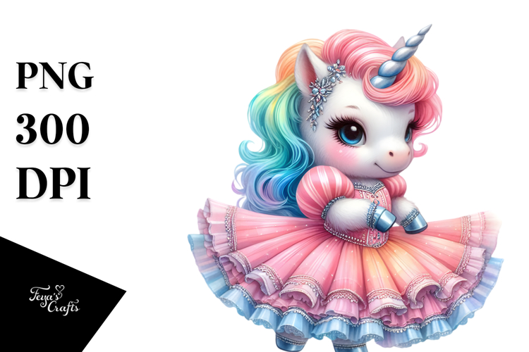 colorful Baby Unicorn with Ballroom Dancer Gown, PNG