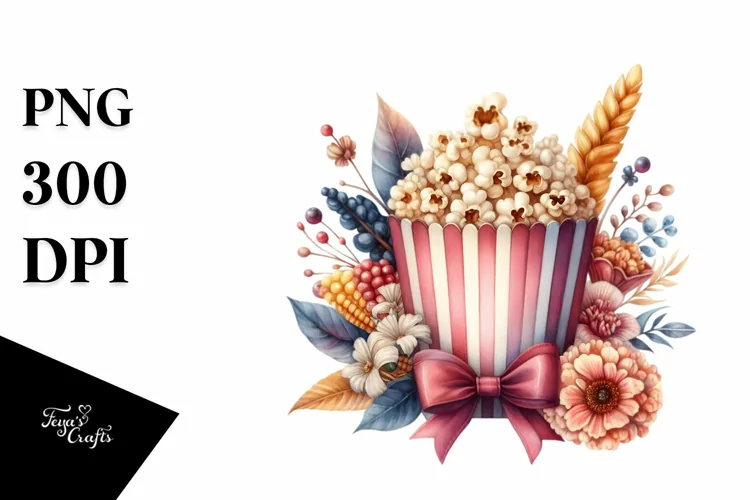 Vintage Popcorn Watercolor Summer Sticker Clipart