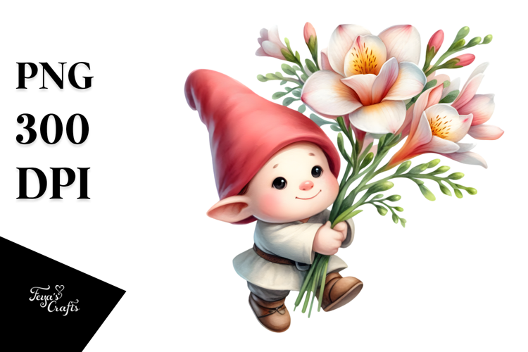 Cute Small Gnome with Large Freesia PNG