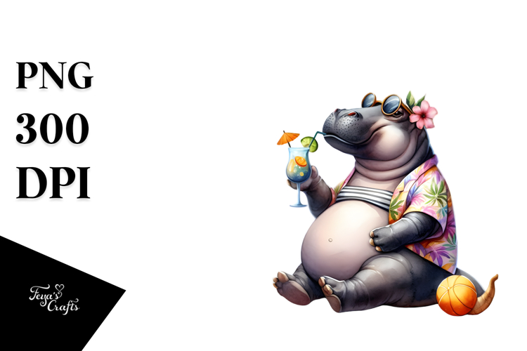 Hippo in Beachwear Drinking Cocktail PNG example image 1