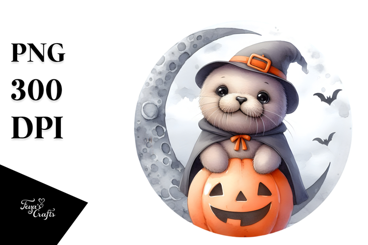 Washed Watercolor Walrus on a Moon PNG