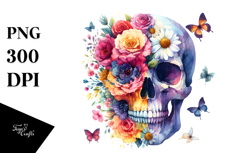 Colorful Skull Made of Flowers PNG