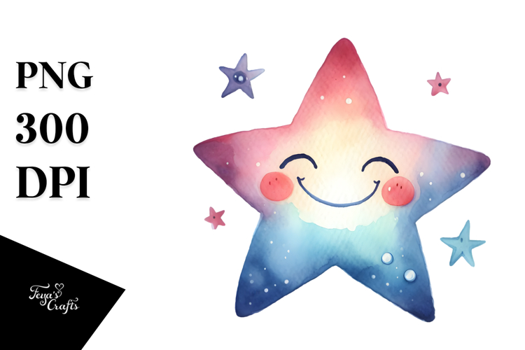 Smiling Whimsical Star Watercolor PNG