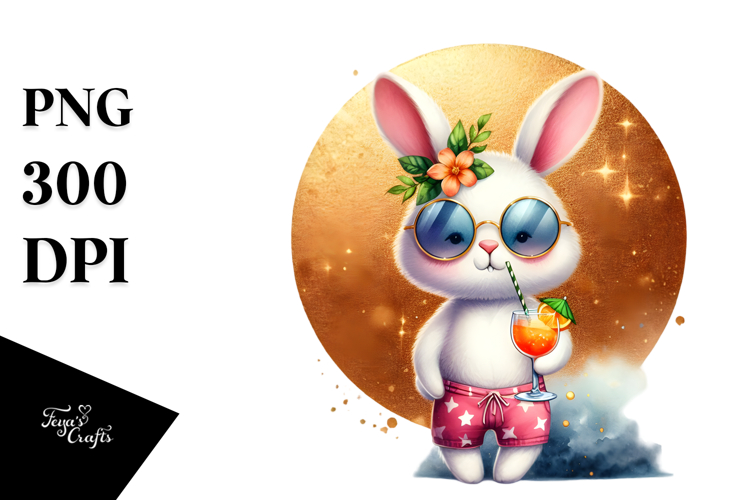 Watercolor Bunny with Funky Beachwear Cocktail PNG example image 1