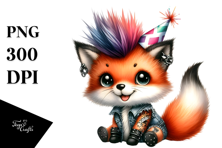 Energetic Baby Fox in Punk Style PNG