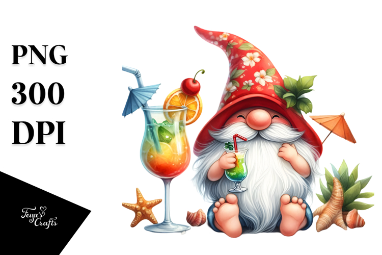 Whimsical Gnome Drinking a Cocktail with Summer Clothes
