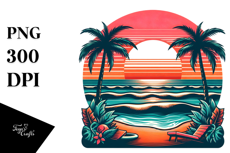 Retro Tropical Beach Sunset PNG