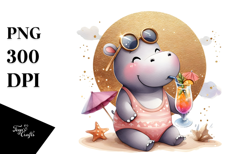 Happy Hippo in Beachwear, Golden Foil PNG