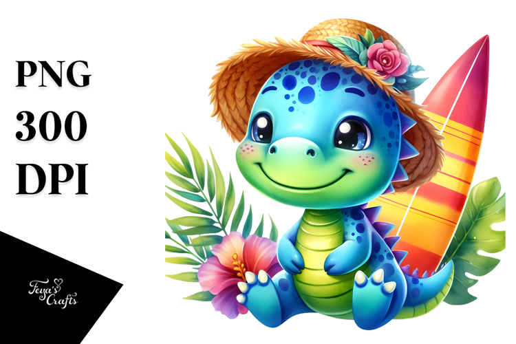 Happy Baby Dinosaur with Surfboard PNG