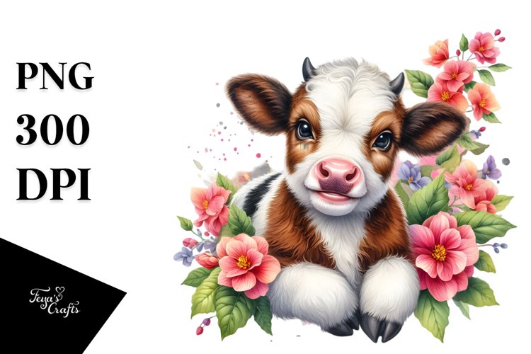 Highland Cow with Begonia Floral Frame PNG