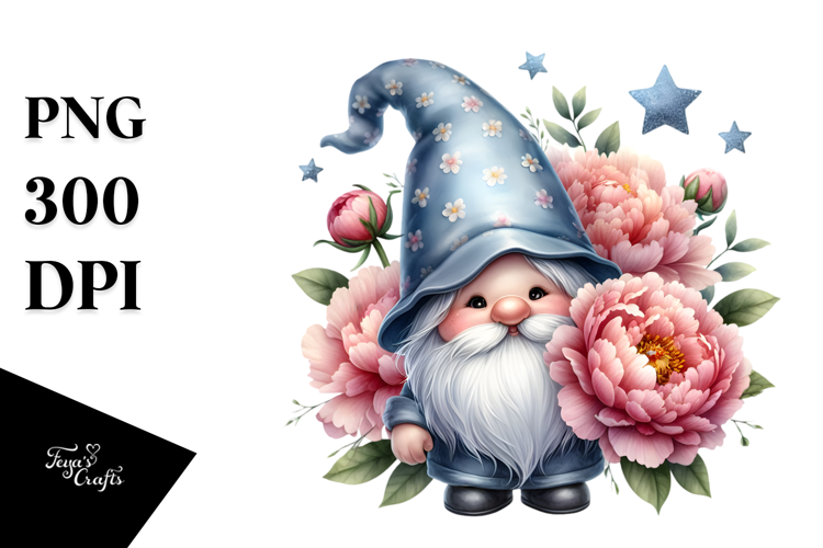 Cute Gnome with Peonies, PNG