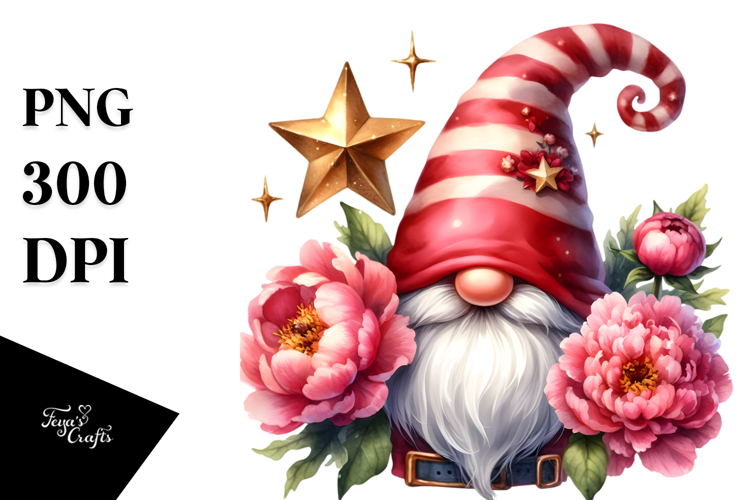 Cute Gnome with Peonies, PNG
