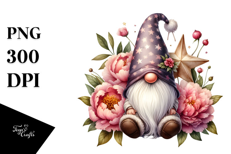 Cute Gnome with Peonies, PNG example image 1