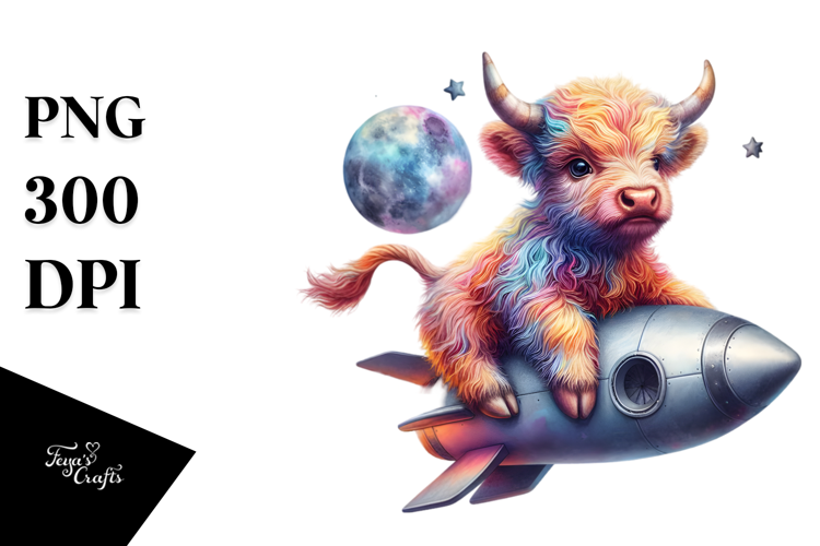 Colorful Baby Highland Cow Riding a Comet PNG