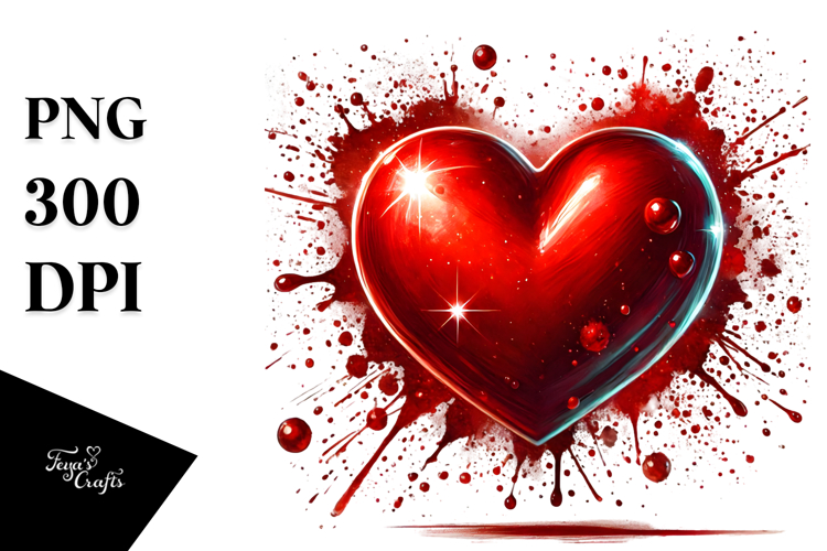 Red Glossy Heart on Splashy Background PNG