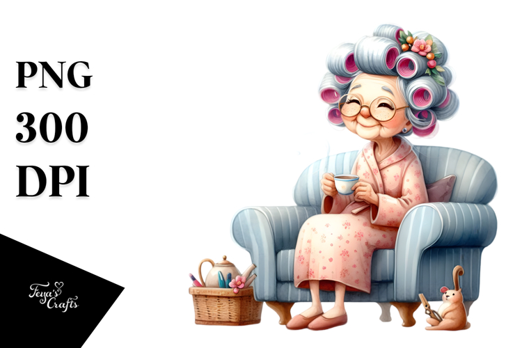 Old Lady Watercolor Character Sitting on Sofa | Sublimation