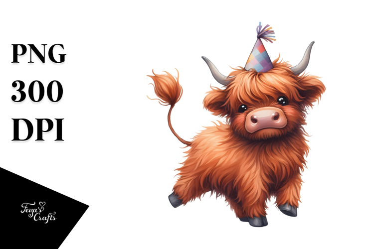 Playful Highland Cow with Party Hat PNG