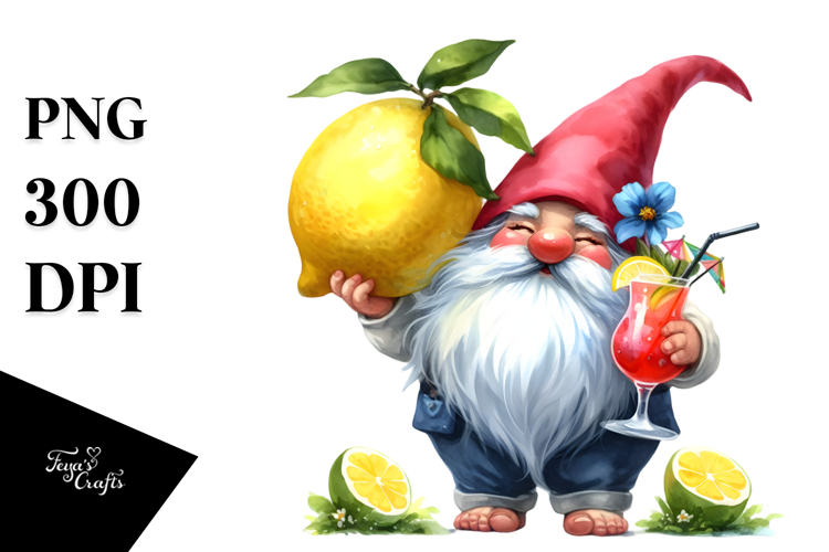 Whimsical Gnome Drinking a Cocktail with a Gigantic Lemon