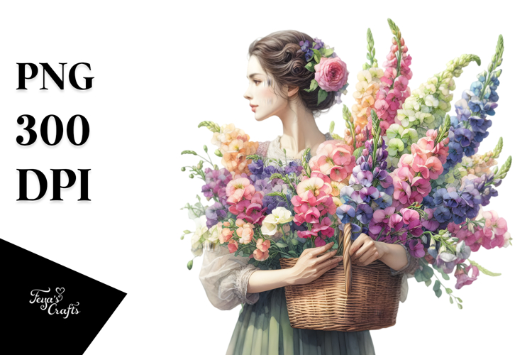 Detailed Holding Colorful Basket Bouquet | Clipart
