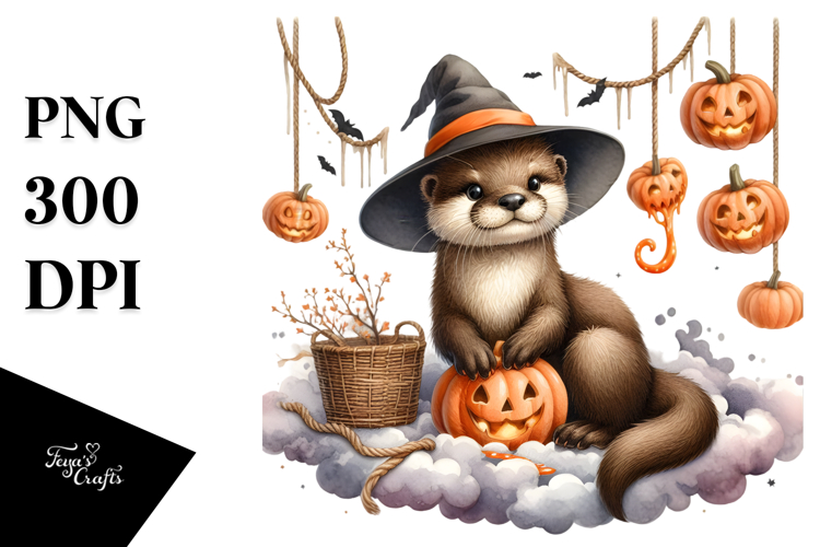 Autumn Otter with Jack-o-Lanterns PNG