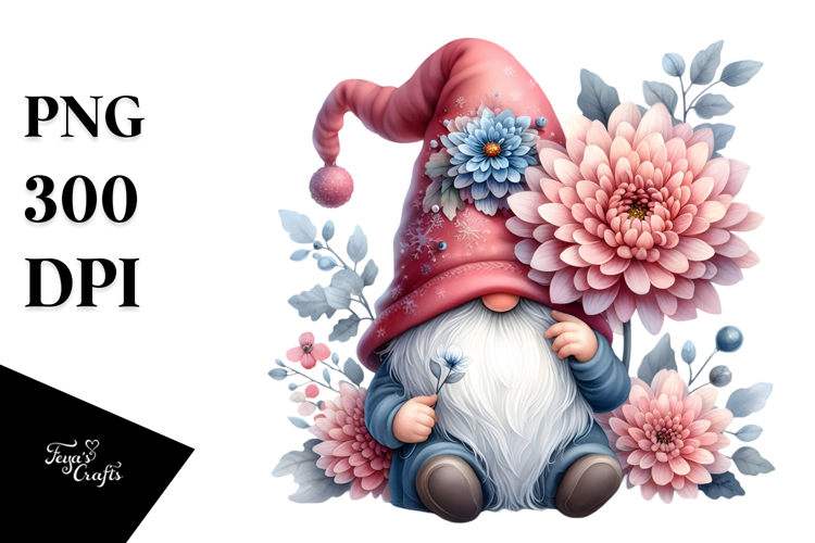 Cute Gnome with Chrysanthemum PNG