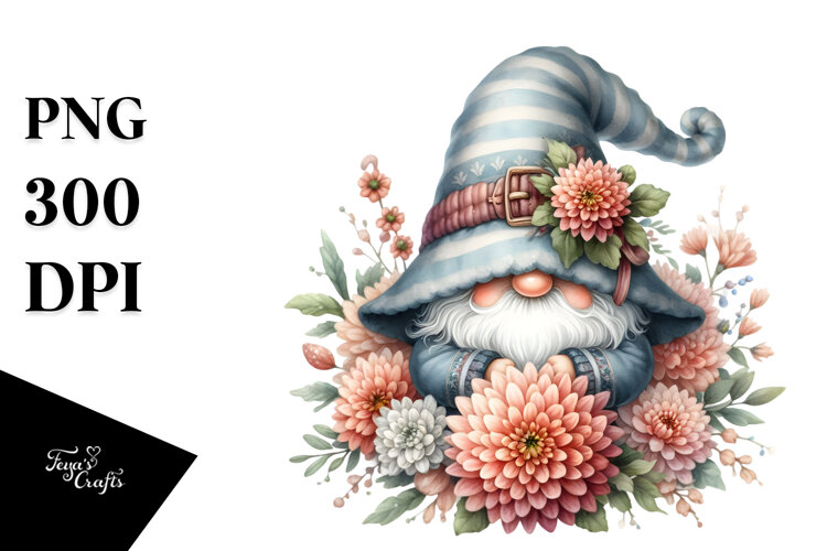 Cute Gnome with Chrysanthemum PNG example image 1