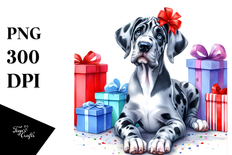 Vibrant Great Dane with Christmas Gifts