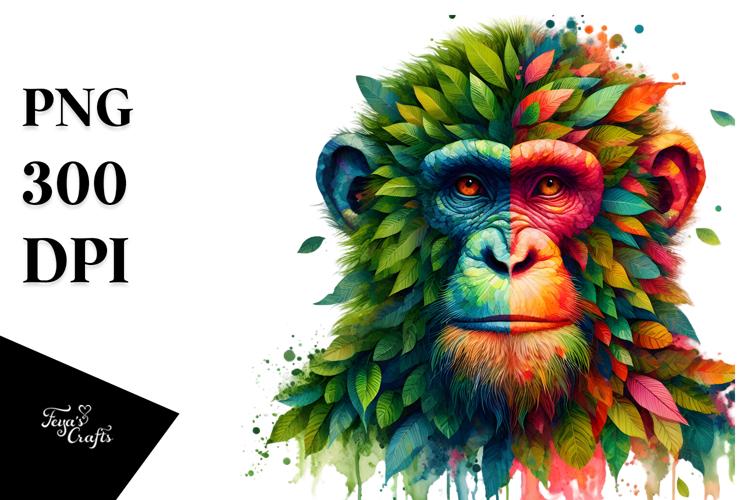 Vibrant Watercolor Monkey made of Plant Leaves PNG