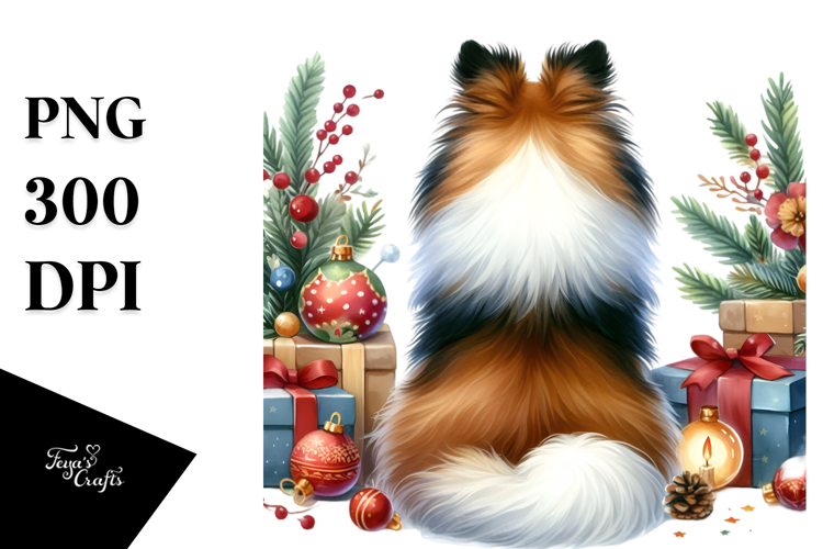 Watercolor Shetland Sheepdog with Christmas Decorations