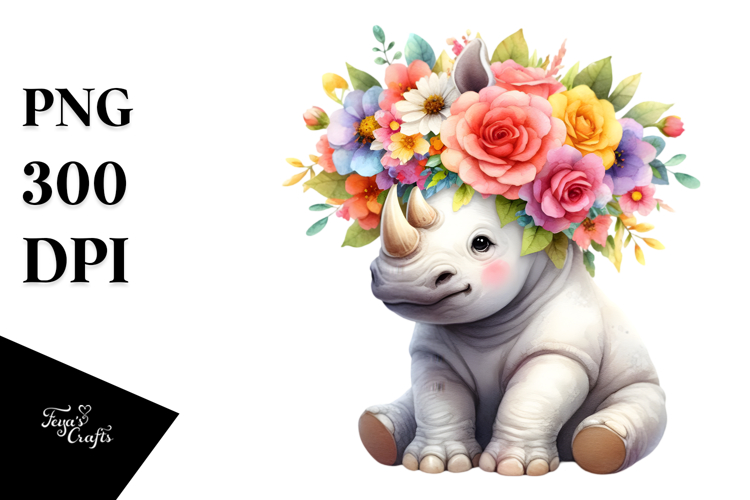 Colorful Flowers,Rhino Watercolor Clipart