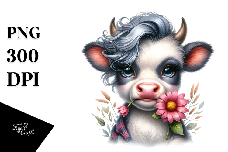 Funny Baby Cow with Flower in Mouth, PNG