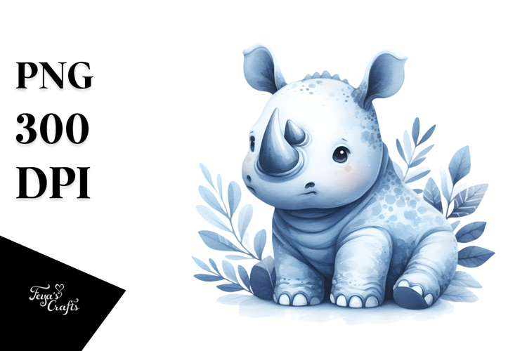 Cute Blue Toile Rhino PNG
