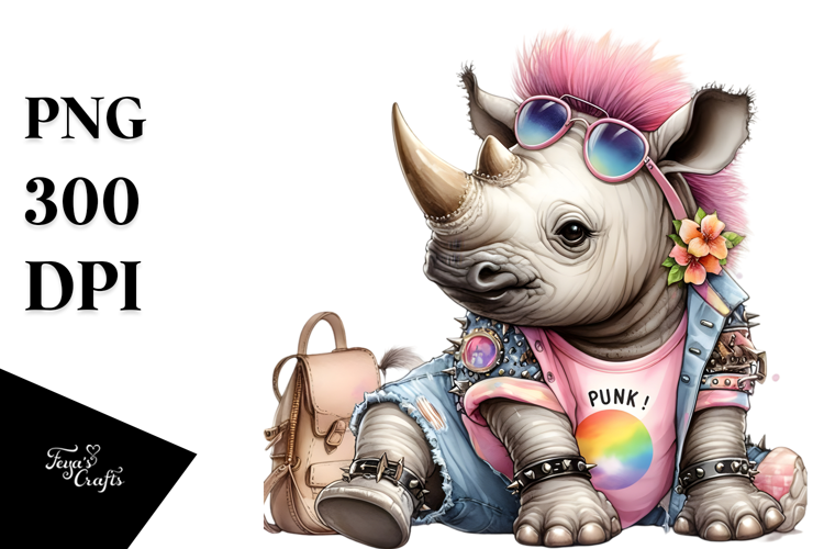 aCute Energetic Punk Rhino in Summer Clothes, PNG