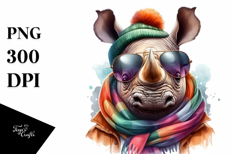 Vibrant Watercolor Rhino Cute Portrait
