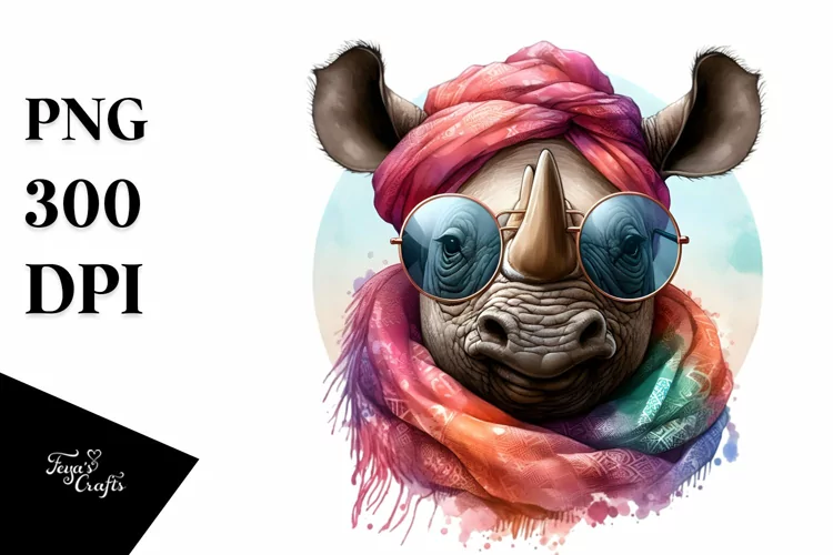 Vibrant Watercolor Rhino Cute Portrait