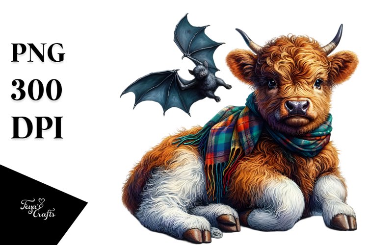 Baby Highland Cow with Bat PNG