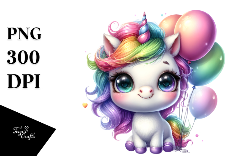 Baby Unicorn with Balloons PNG