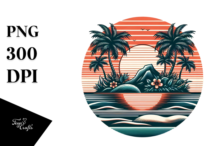 Retro Tropical Island Sunset PNG