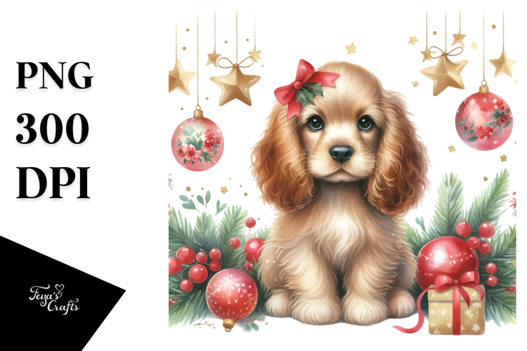 Watercolor Cocker Spaniel with Christmas Decoration