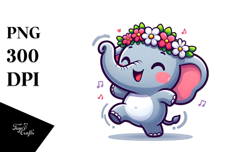 Excited Elephant with Flower Crown, PNG