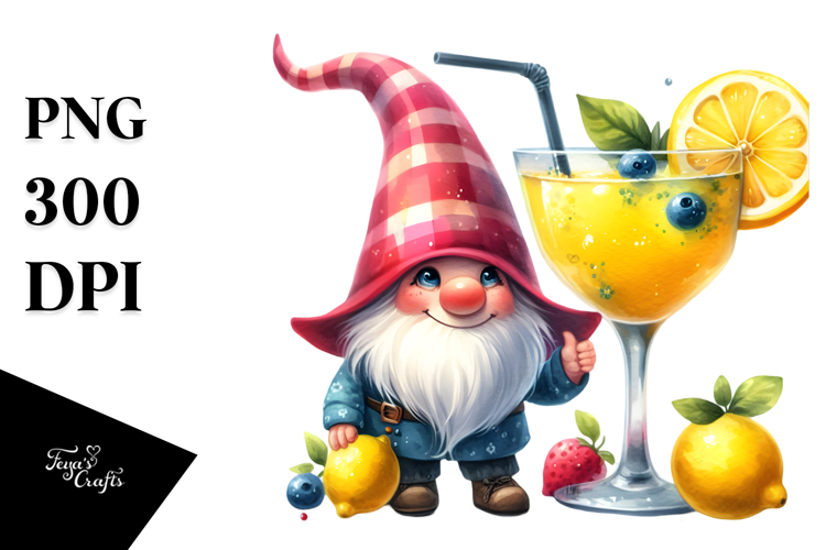 Gnome Drinking Cocktail with Gigantic Lemon, PNG