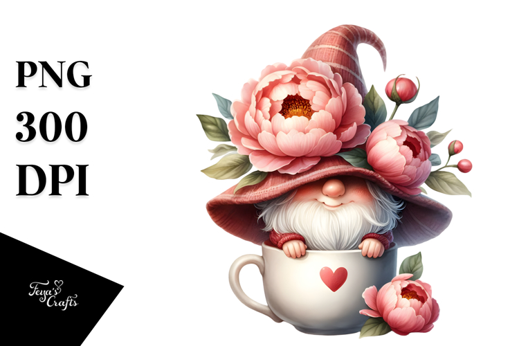 Whimsical Gnome with Peonies PNG