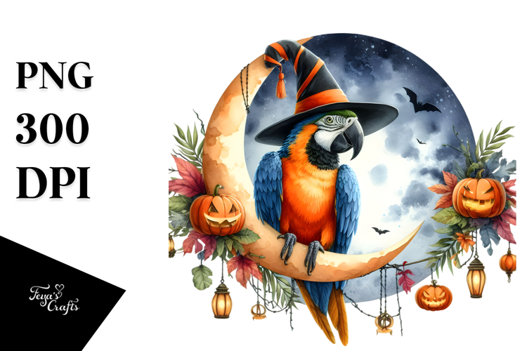 Macaw Dressed for Halloween on Moon, PNG