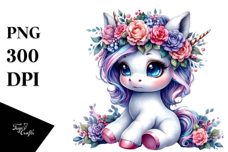 Cute Unicorn with Floral Wreath, PNG