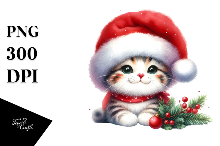 Cute Christmas Cat with Santa Hat PNG